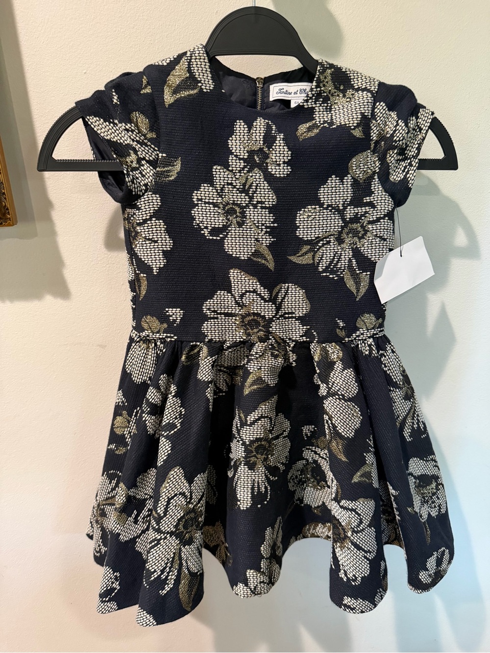 Tartine et Chocolat Navy Dress with Gold Floral Jacquard
